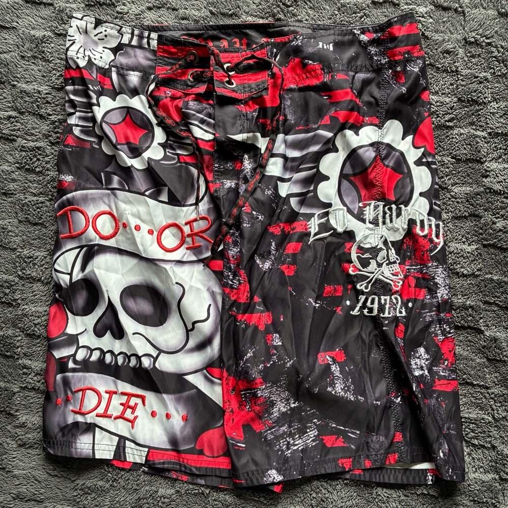 Ed Hardy Men's Pray For Surf Skull Graphic Board Shorts